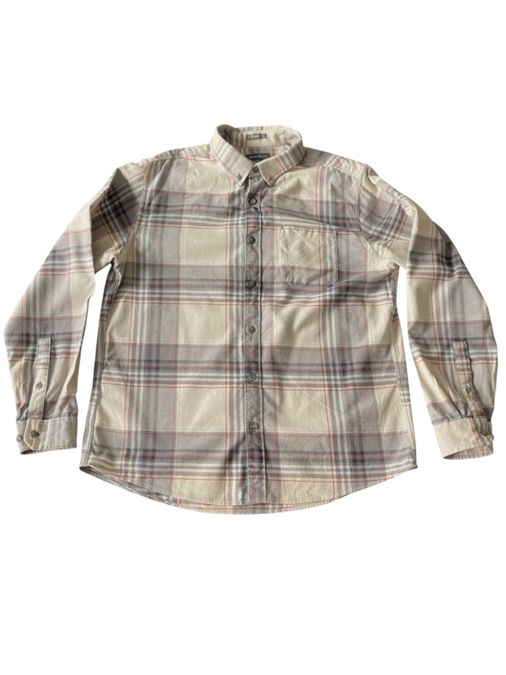 Eddie Bauer Cream/Grey Plaid Cotton Classic Fit Button Down Flannel Shirt (L)